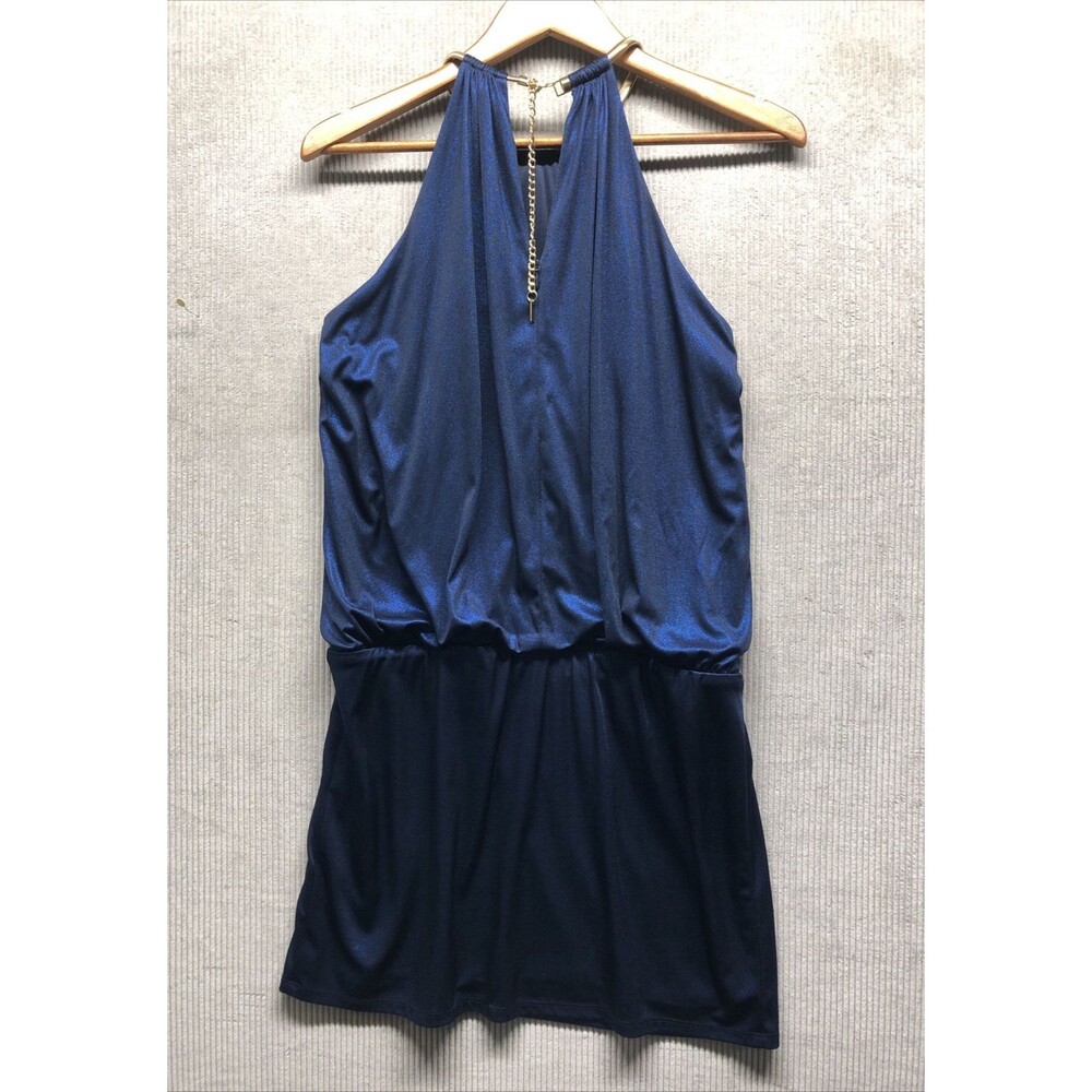 Jessica Simpson Dress Women 8 Metallic Blue Gold Chain Halter Cocktail Party - Picture 13 of 16